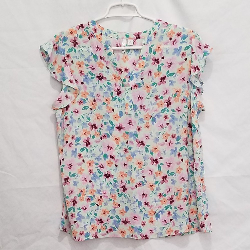 Floral V-Neck Flutter Sleeve Blouse